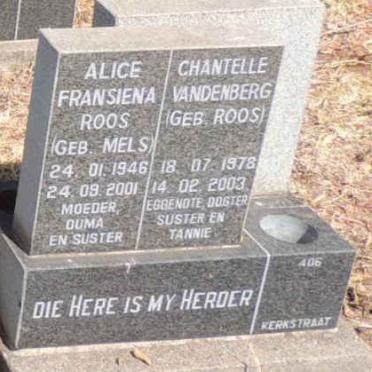 ROOS Alice Fransiena nee MELS 1946-2001 :: VANDENBERG Chantelle nee ROOS 1978-2003