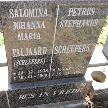 SCHEEPERS Petrus Stephanus 1935-1980 :: TALJAARD Salomina Johanna Maria nee SCHEEPERS 1938-2000
