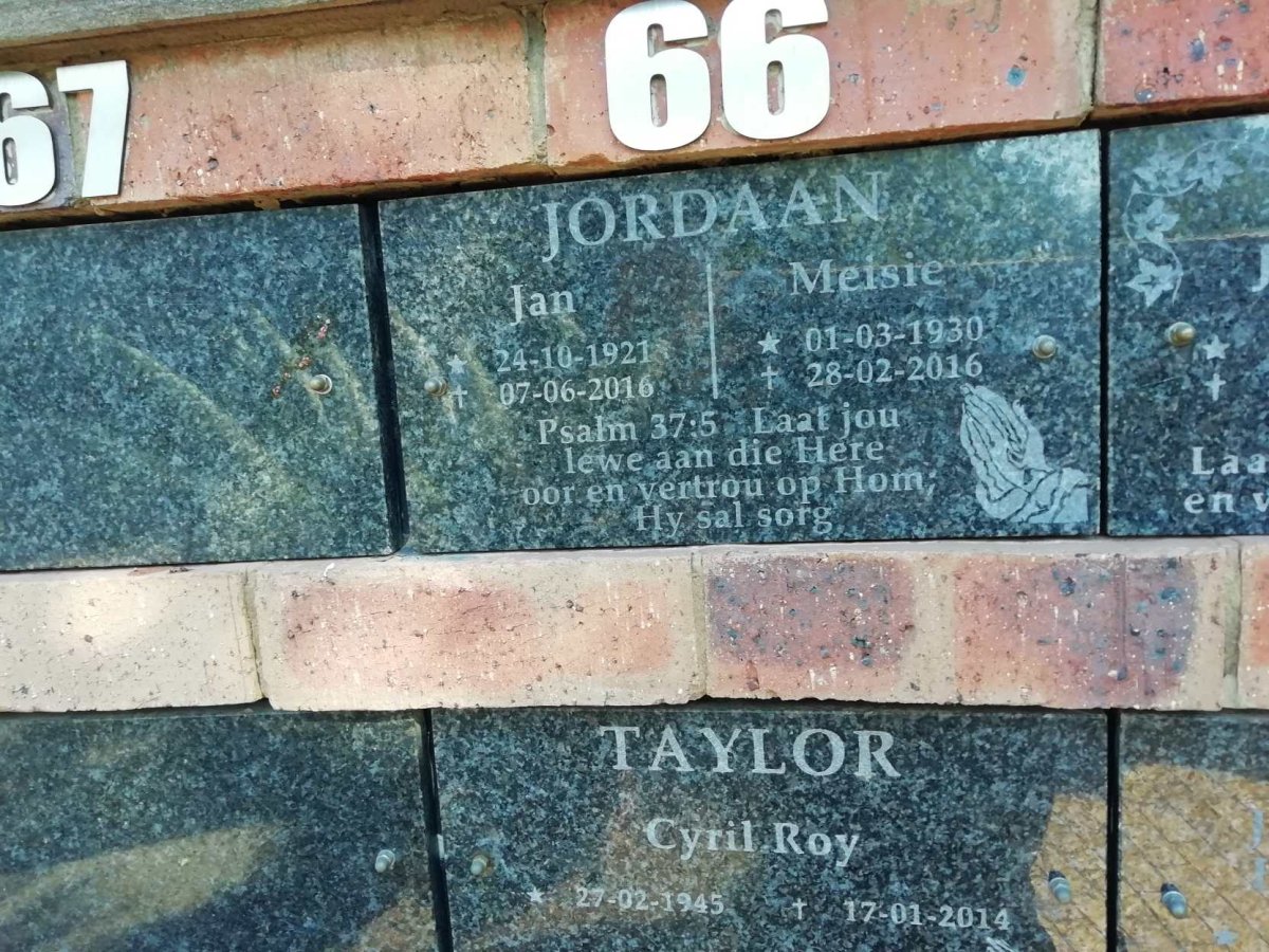 JORDAAN Jan 1921-2016 &amp; Meisie 1930-2016 :: TAYLOR Cyril Roy 1945-2014