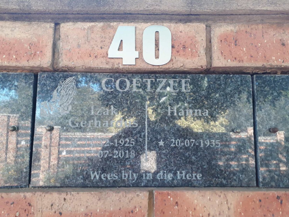 COETZEE Izak Gerhardus 1925-2018 &amp; Hanna 1935-