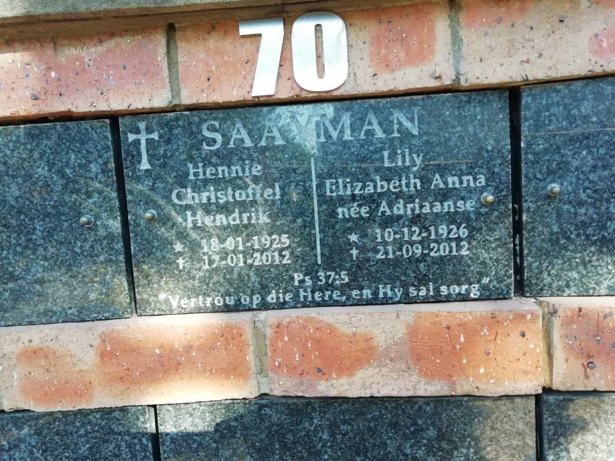 SAAYMAN Hennie Christoffel Hendrik 1925-2012 &amp; Lily Elizabeth Anna ADRIAANSE 1926-2012