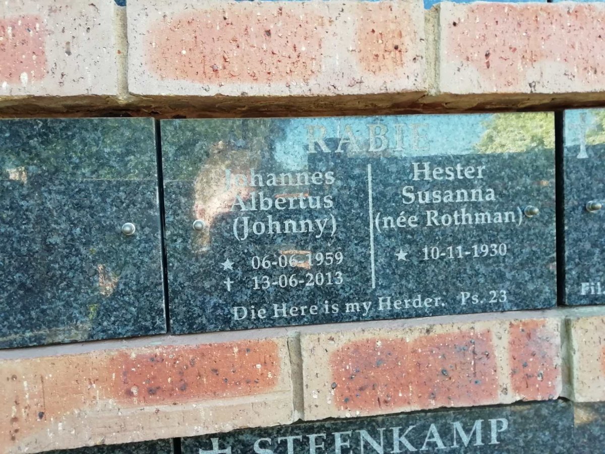 RABIE Johannes Albertus 1959-2013 &amp; Hester Susanna ROTHMAN 1930-