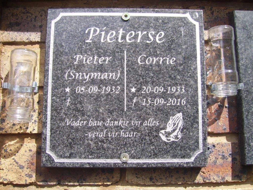 PIETERSE Corrie 1933-2016 &amp; Pieter 1932-