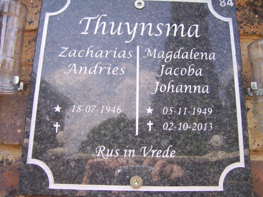 THUYNSMA Zacharias Andries 1946- &amp; Magdalena Jacoba Johanna 1949-2013