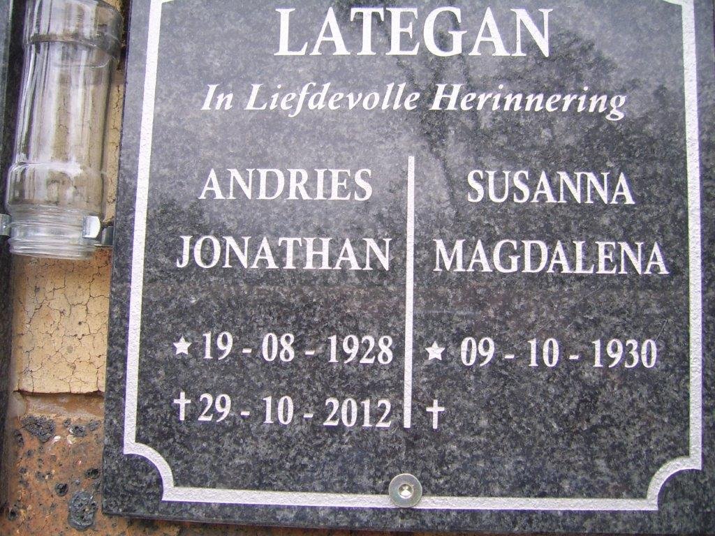 LATEGAN Andries Jonathan 1928-2012 &amp; Susanna Magdalena 1930-