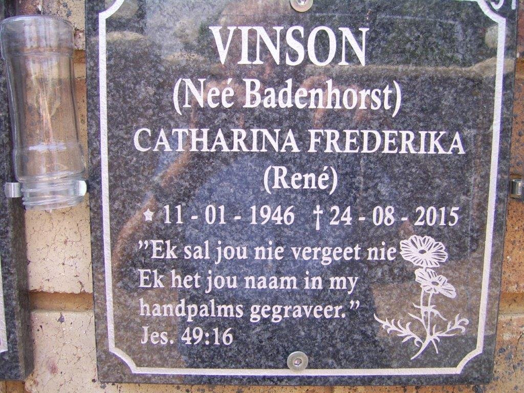 VINSON Catharina Frederika nee BADENHORST 1946-2015