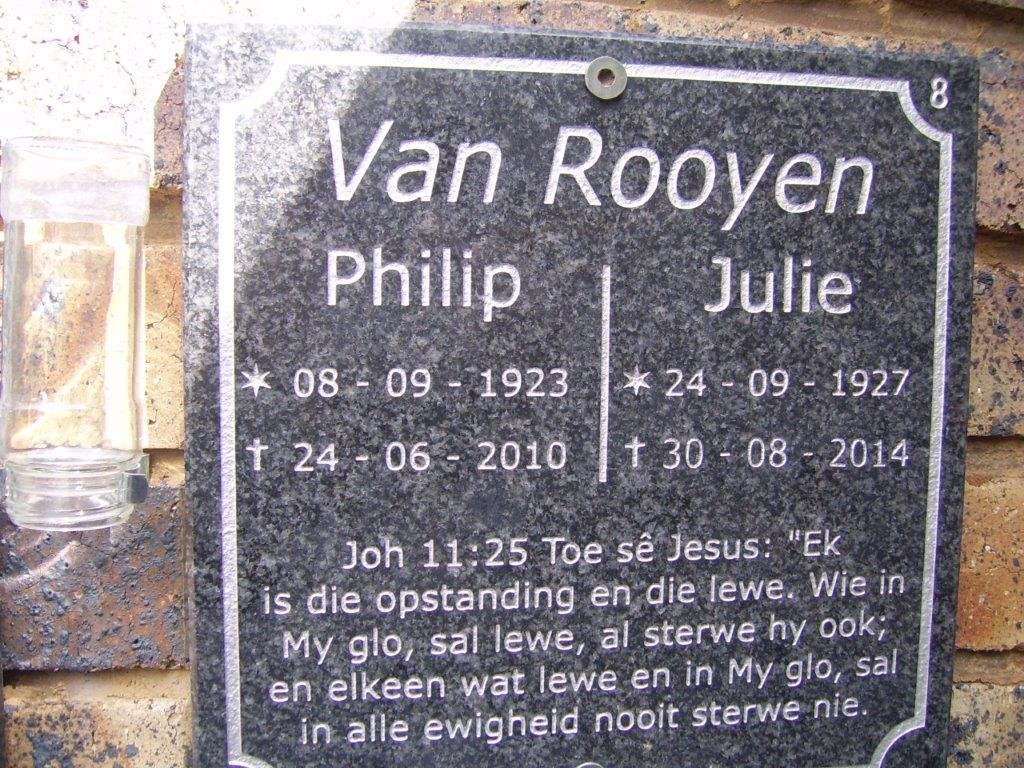 ROOYEN Philip, van 1923-2010 &amp; Julie 1927-2014