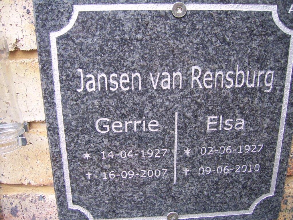 RENSBURG Gerrie, Jansen van 1927-2007 &amp; Elsa 1927-2010