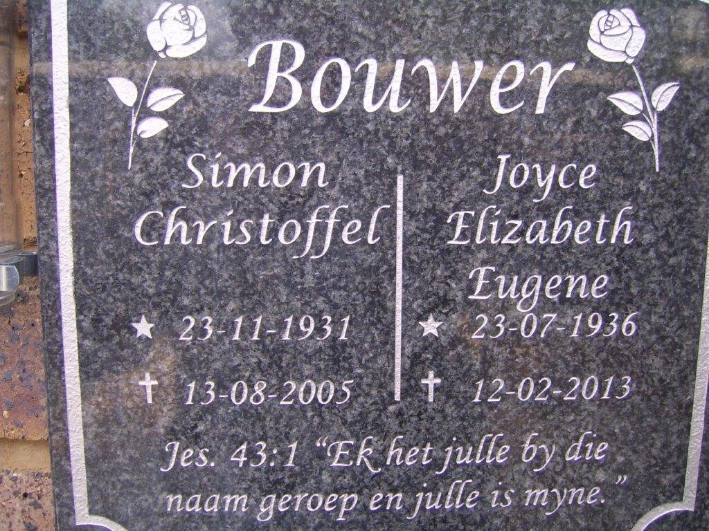 BOUWER Simon Christoffel 1931-2005 &amp; Joyce Elizabeth Eugene 1936-2013