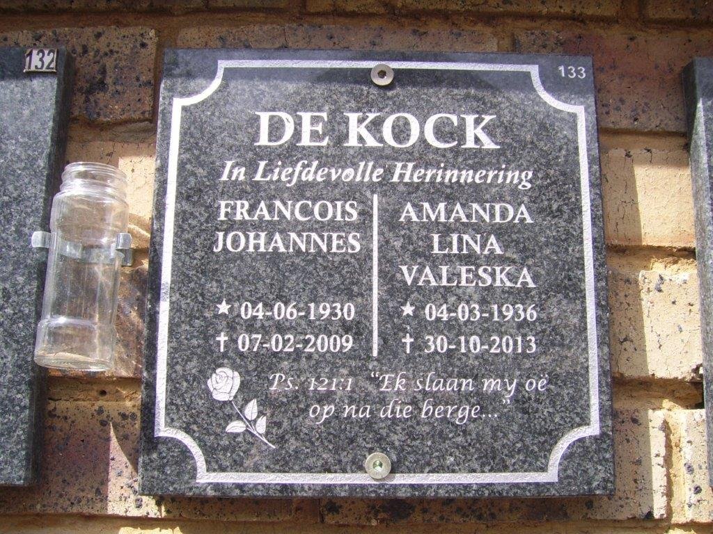 KOCK Francois Johannes, de 1930-2009 &amp; Amanda Lina Valeska 1936-2013