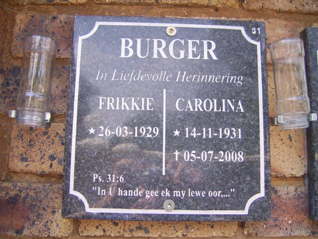 BURGER Frikkie 1929- &amp; Carolina 1931-2008