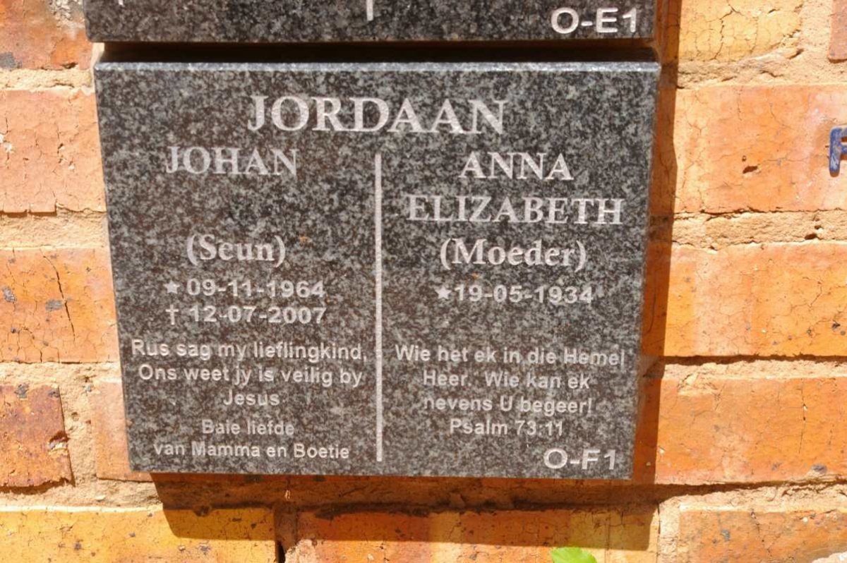 JORDAAN Anna Elizabeth 1934- :: JORDAAN Johan 1964-2007
