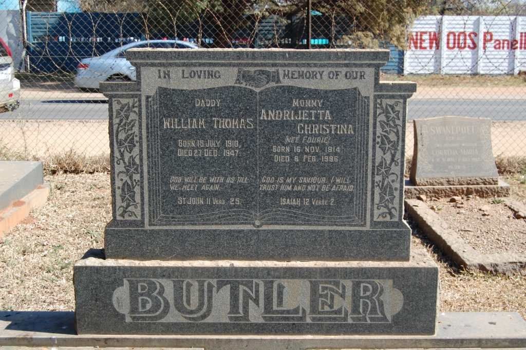 BUTLER William Thomas 1910-1947 &amp; Andrijetta Christina FOURIE 1914-1996