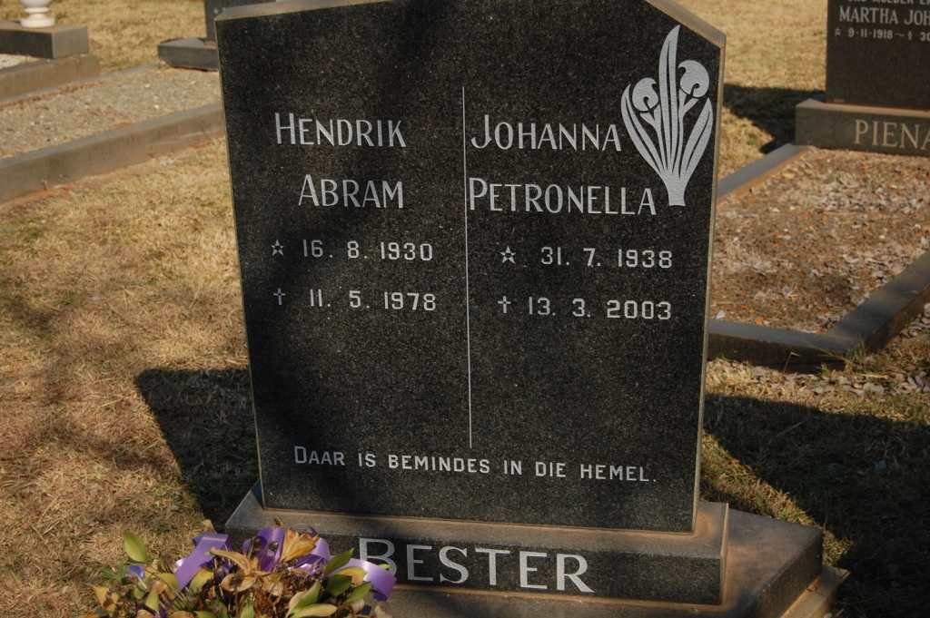 BESTER Hendrik Abram 1930-1978 &amp; Johanna Petronella 1938-2003