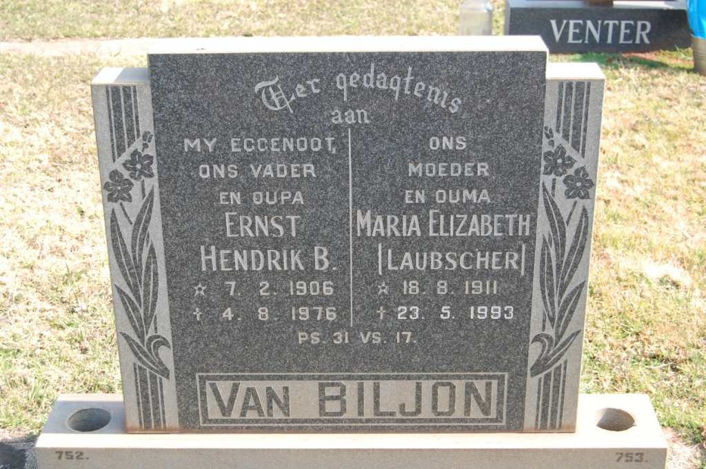 BILJON Ernst Hendrik B., van 1906-1976 &amp; Maria Elizabeth LAUBSCHER 1911-1993