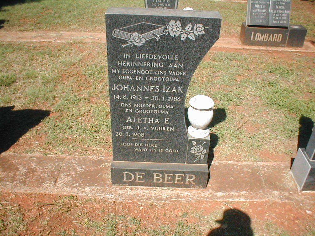 BEER Johannes Izak, de 1913-1986 &amp; Aletha E. J.V. VUUREN 1908-