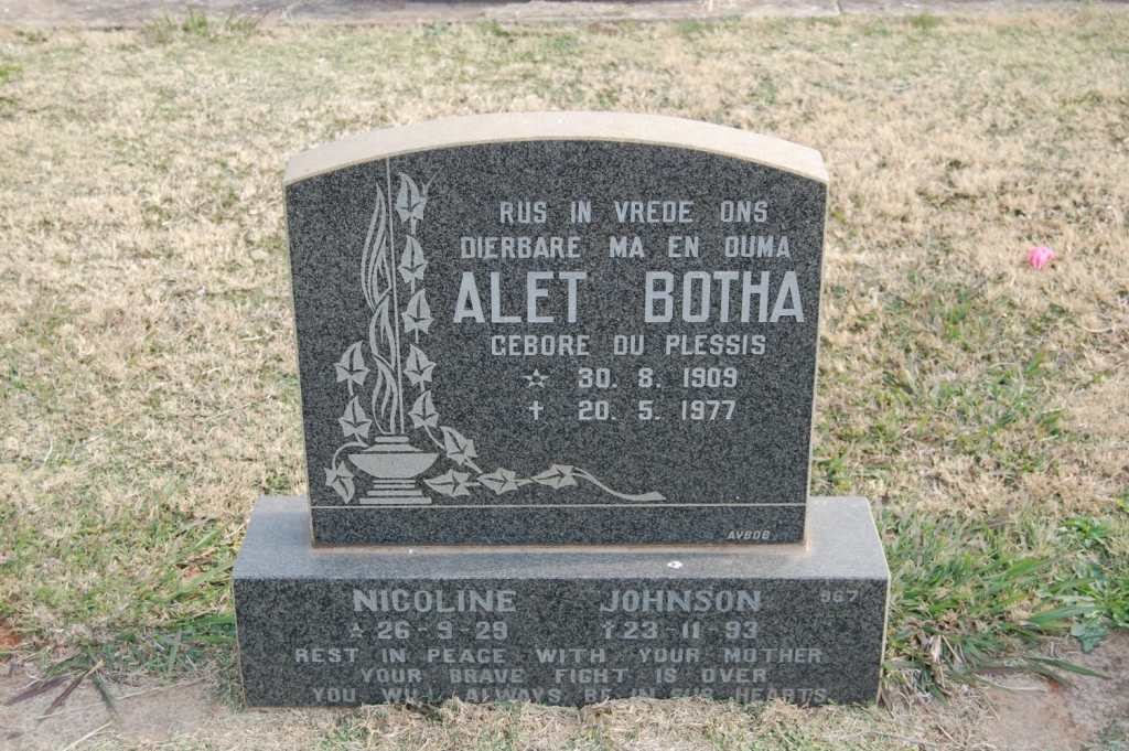 BOTHA Alet nee DU PLESSIS 1909-1977 :: JOHNSON Nicoline 1919-1993