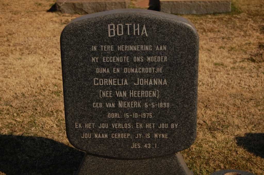 BOTHA Cornelia Johanna, formerly VAN HEERDEN, nee VAN NIEKERK 1898-1975