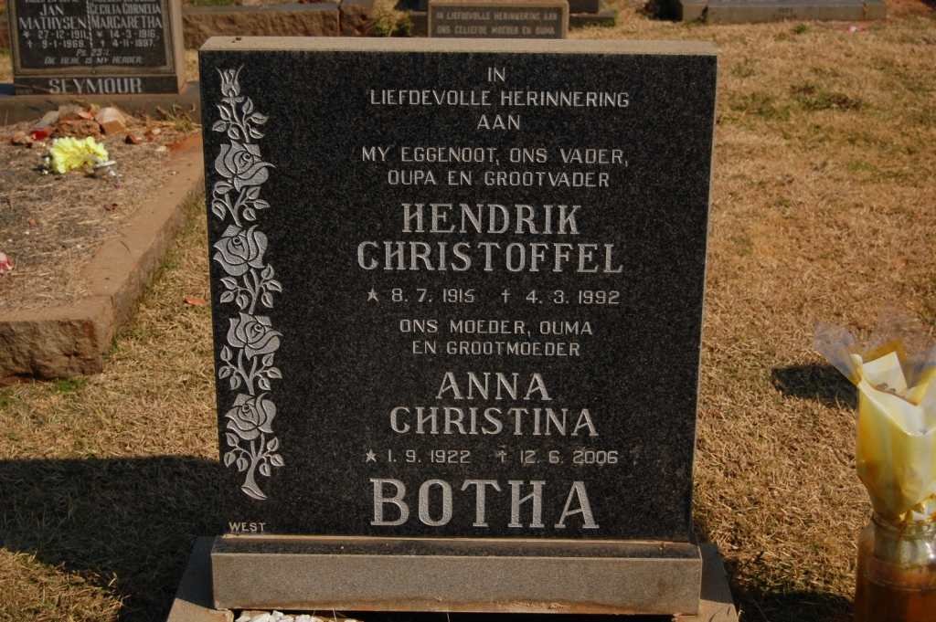 BOTHA Hendrik Christoffel 1915-1992 &amp; Anna Christina 1922-2006