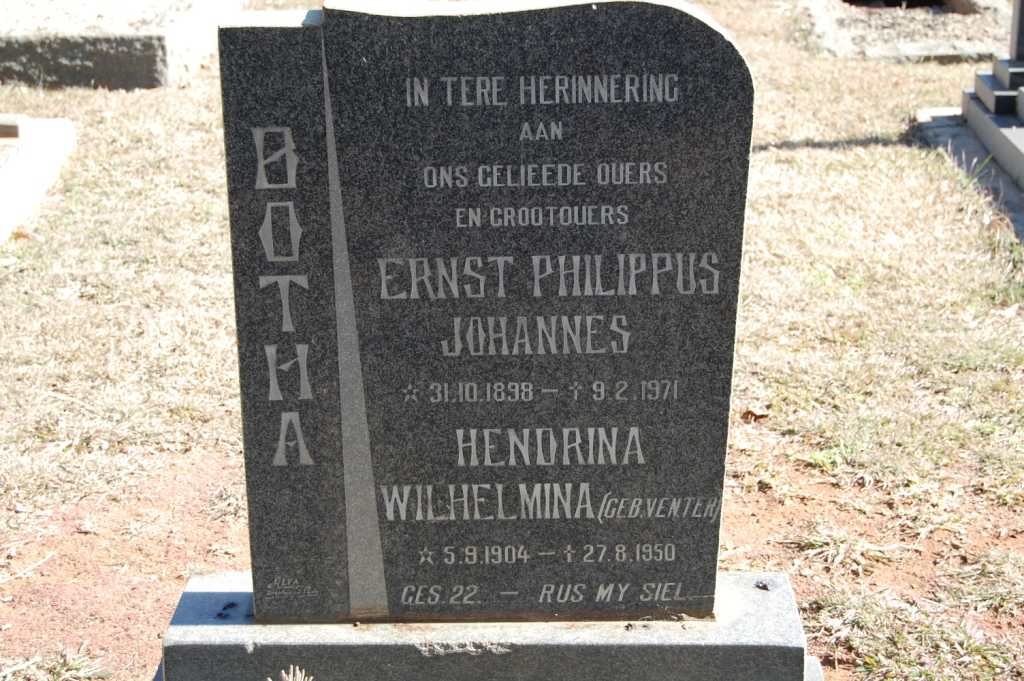 BOTHA Ernst Philippus Johannes 1898-1971 &amp; Hendrina Wilhelmina VENTER 1904-1950