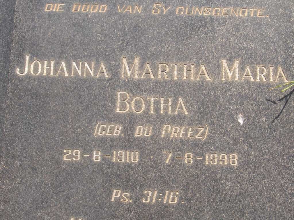 BOTHA Johanna Martha Maria nee DU PREEZ 1910-1998