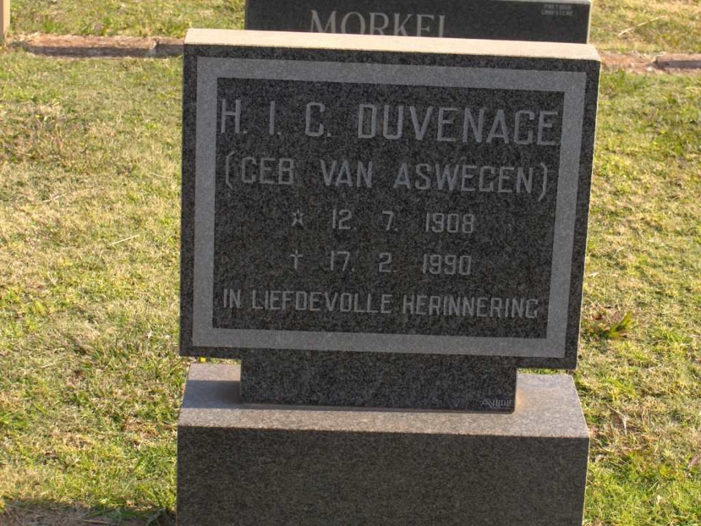 DUVENAGE H.I.C. nee VAN ASWEGEN 1908-1990
