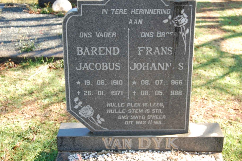 DYK Barend Jacobus, van 1910-1970 :: VAN DYK Frans Johannes 1966-1988