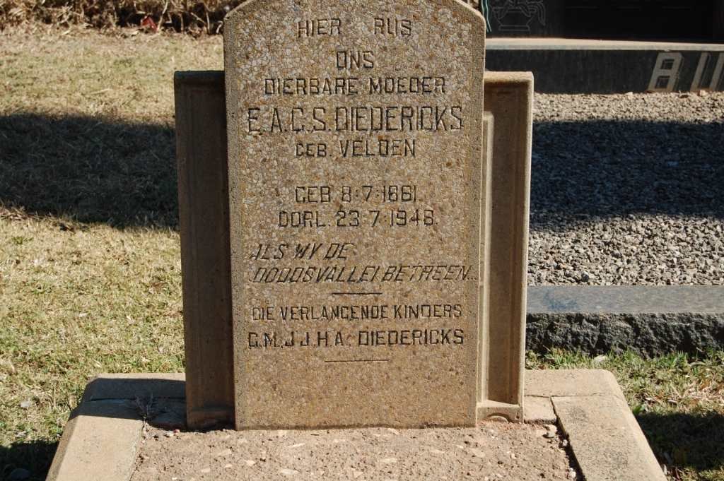 DIEDERICKS E.A.C.S. nee VELOEN 1881-1946