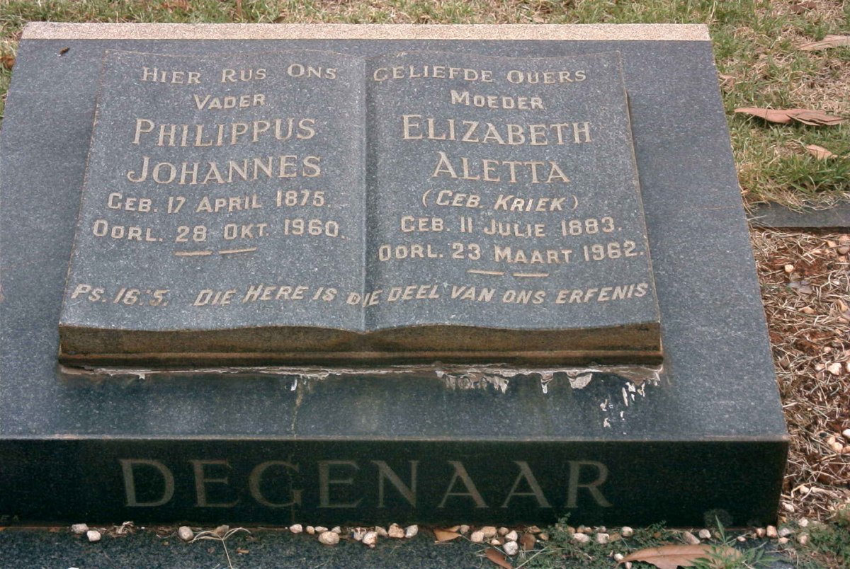 DEGENAAR Philippus Johannes 1875-1960 &amp; Elizabeth Aletta KRIEK 1883-1962