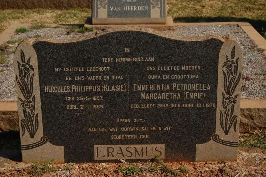 ERASMUS Hercules Philippus 1897-1969 &amp; Emmerentia Petronella Margaretha ELOFF 1906-1978