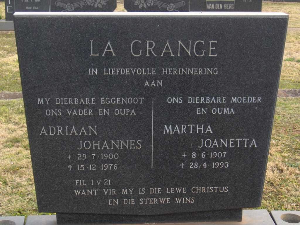 GRANGE Adriaan Johannes, la 1900-1976 &amp; Martha Johanna 1907-1993