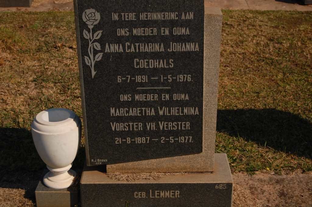 GOEDHALS Anna Catharina Johanna 1891-1976 :: VORSTER Margaretha Wilhelmina nee VERSTER 1887-1977
