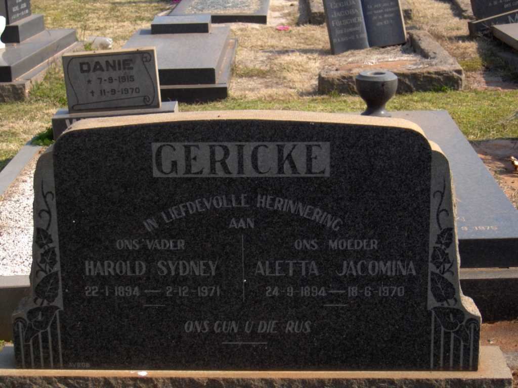 GERICKE Harold Sydney 1894-1971 &amp; Aletta Jacomina 1894-1970