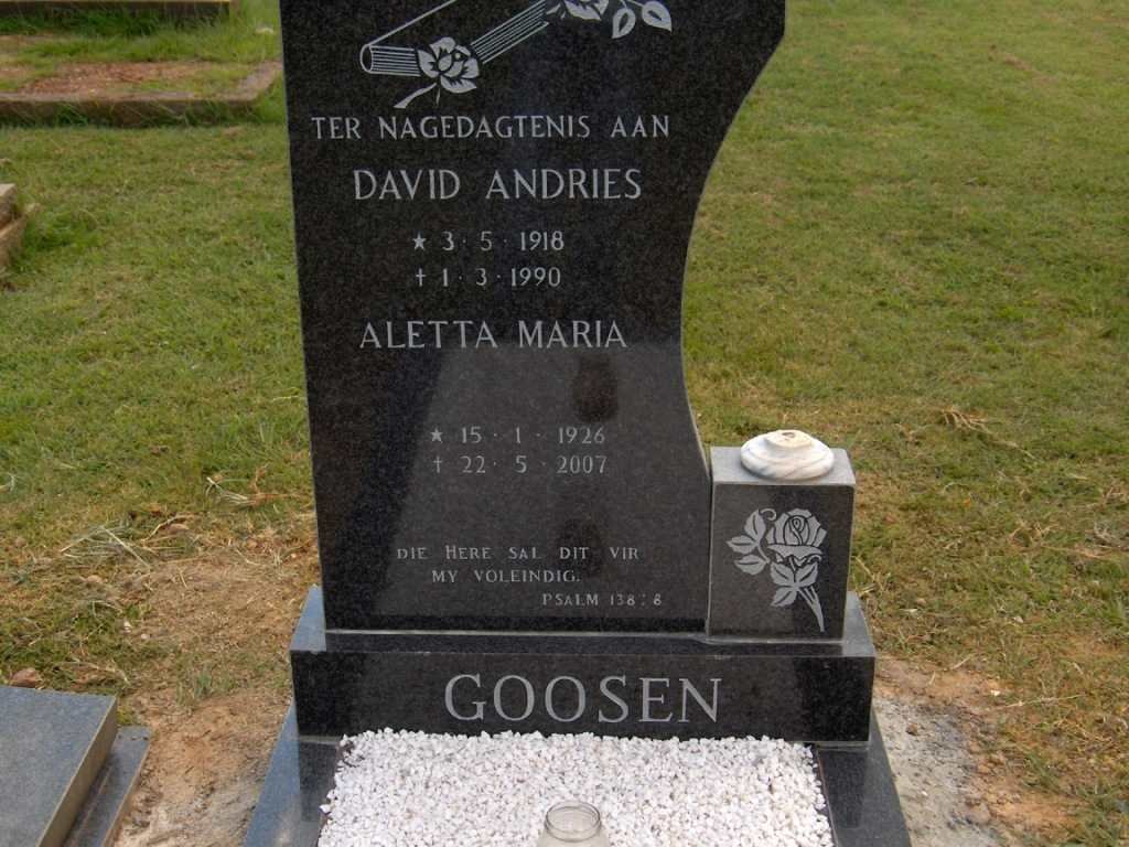 GOOSEN David Andries 1918-1990 &amp; Aletta Maria 1926-2007