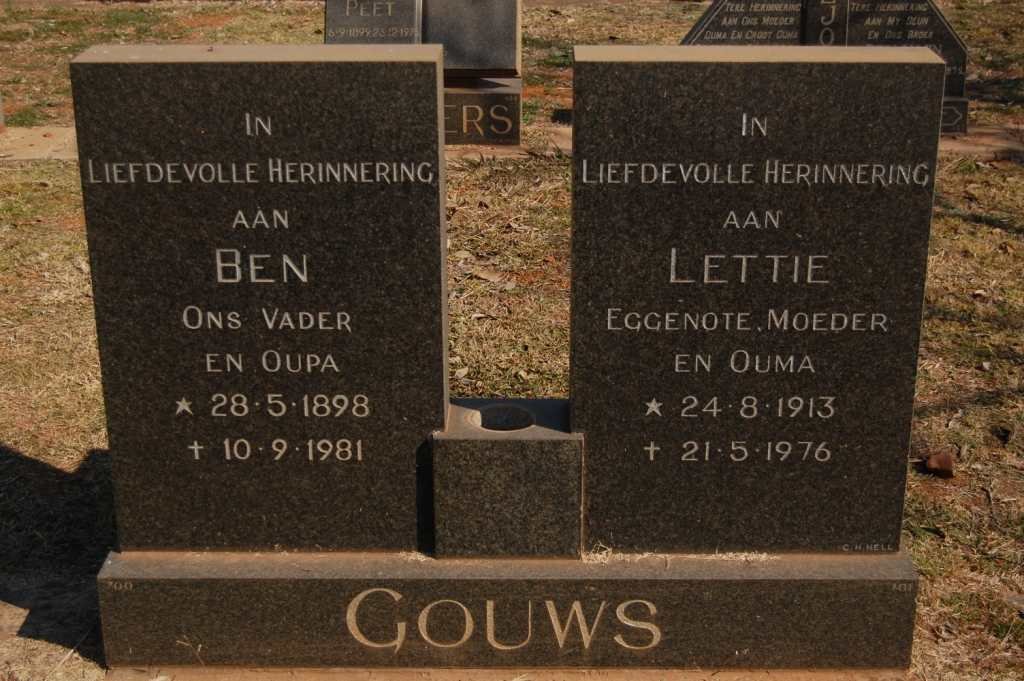 GOUWS Ben 1898-1981 &amp; Lettie 1913-1976