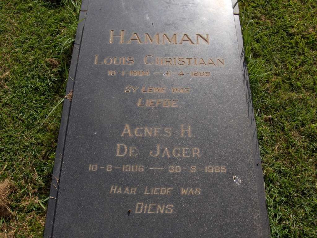 HAMMAN Louis Christiaan 1904-1963 &amp; Agnes H. DE JAGER 1906-1985