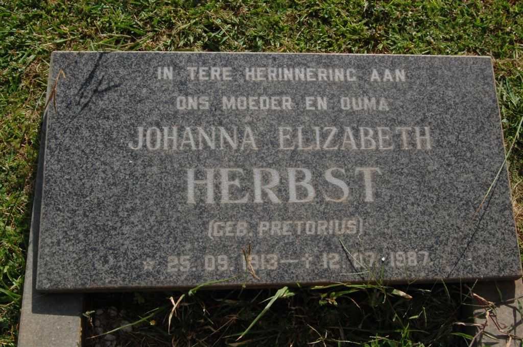 HERBST Johanna Elizabeth nee PRETORIUS 1913-1987