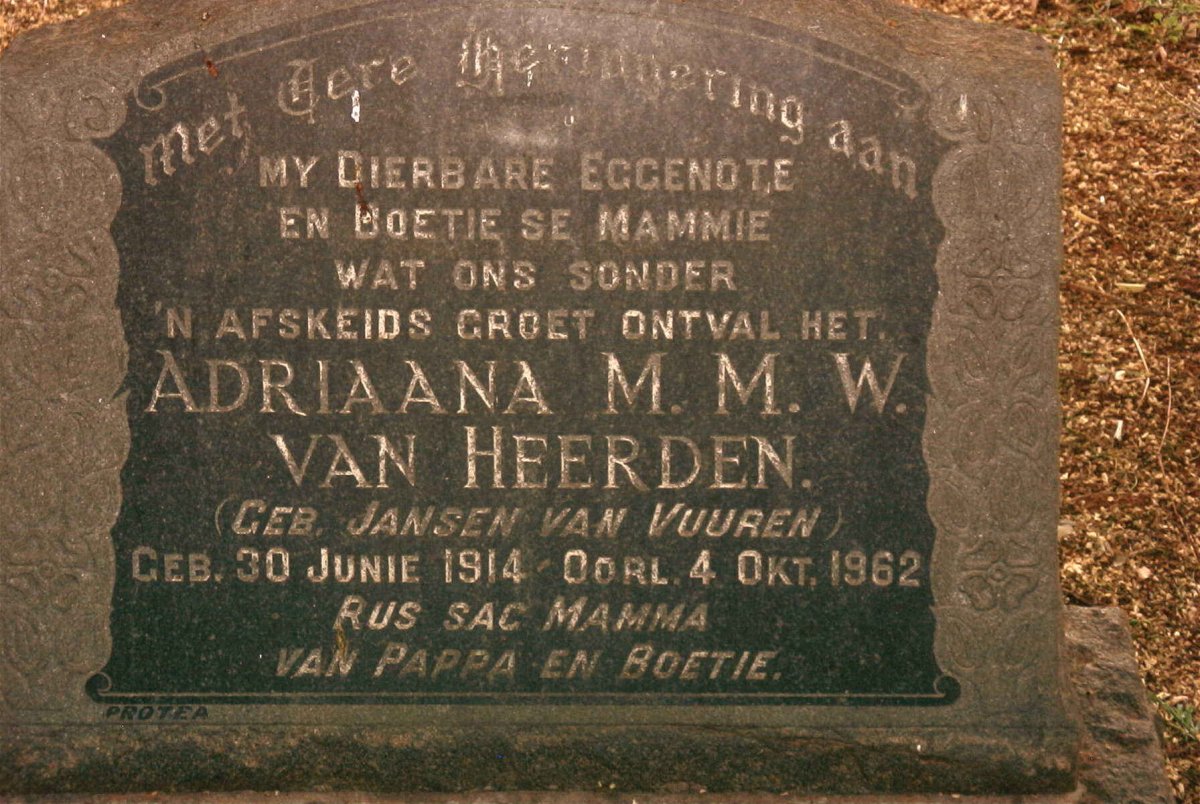 HEERDEN Adriaana M.M.W., van nee JANSEN VAN VUUREN 1914-1962
