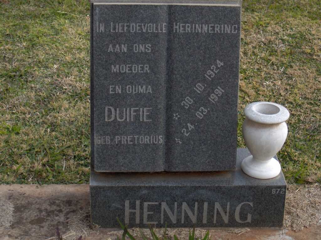 HENNING Duifie nee PRETORIUS 1924-1991