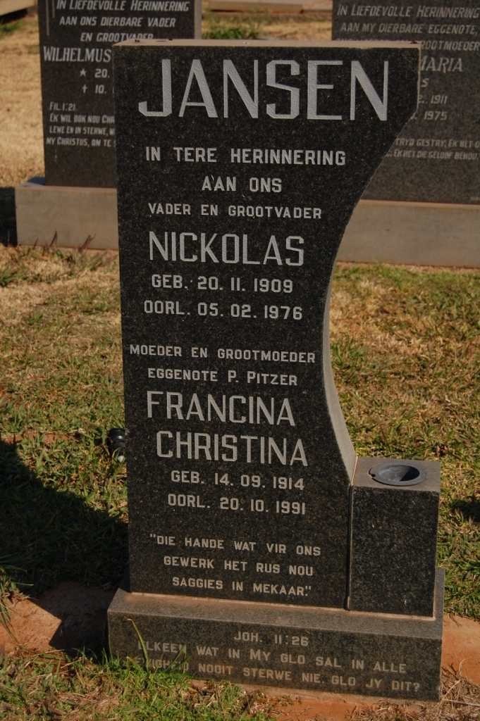 JANSEN Nickolas 1909-1976 &amp; Francina Christina 1914-1991