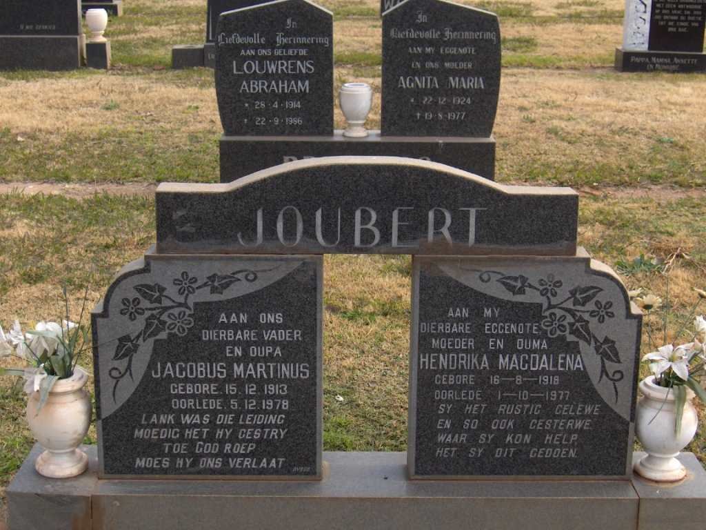 JOUBERT Jacobus Martinus 1913-1978 &amp; Hendrina Magdalena 1918-1977