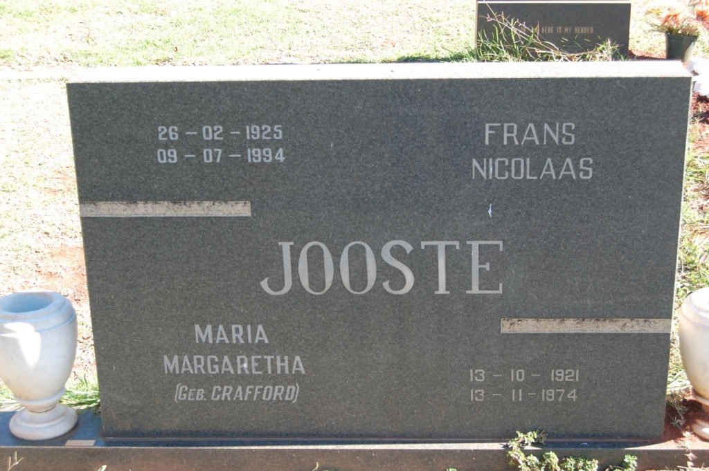 JOOSTE Frans Nicolaas 1921-1974 &amp; Maria Margaretha CRAFFORD 1925-1994