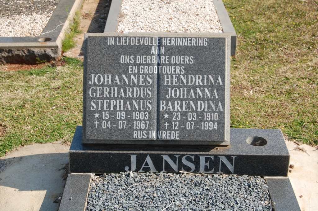 JANSEN Johannes Gerhardus Stephanus 1903-1967 &amp; Hendrina Johanna Barendina 1910-1994