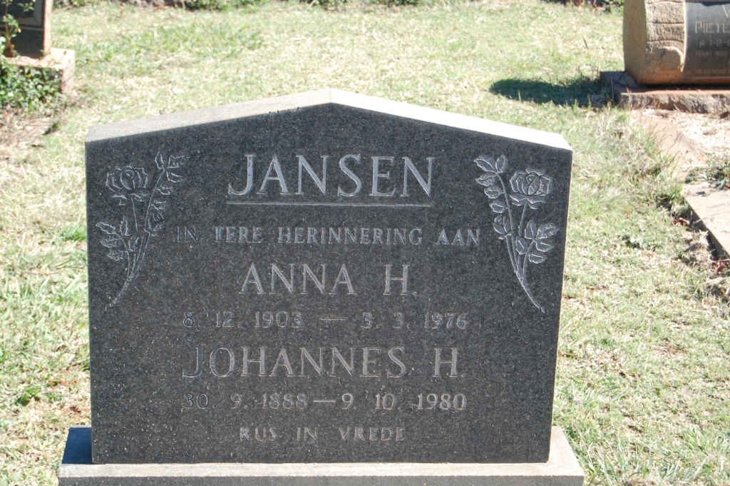 JANSEN Johannes H. 1888-1980 &amp; Anna H. 1903-1976