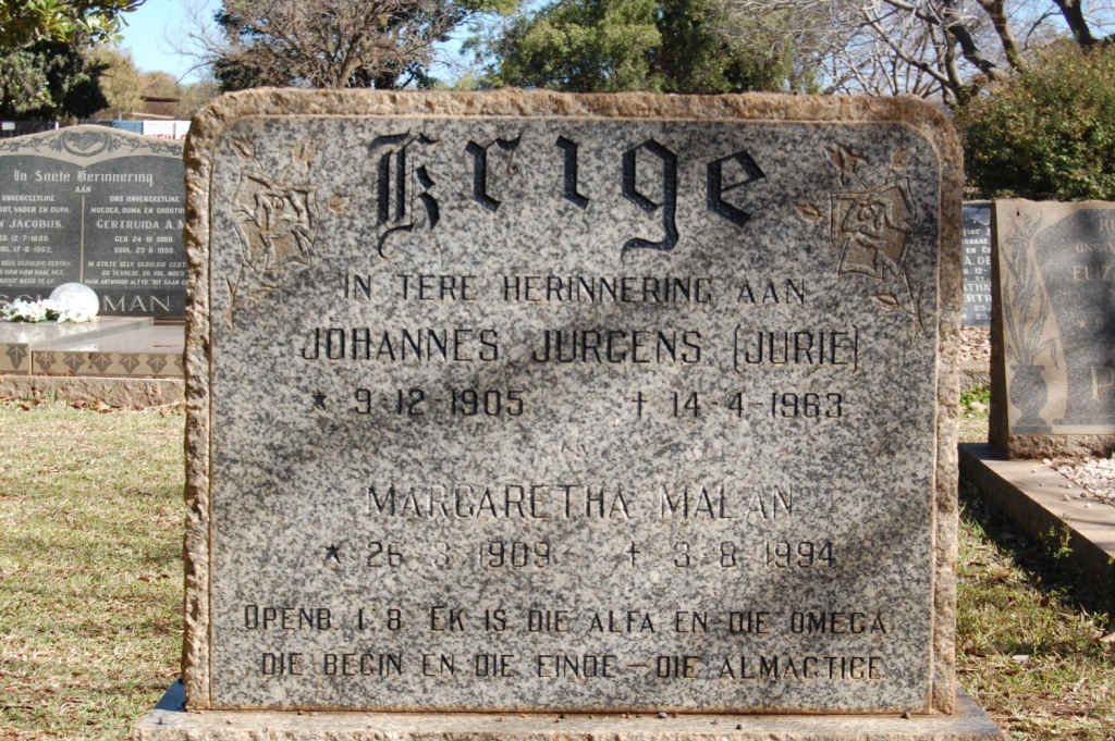 KRIGE Johannes Jurgens 1905-1963 &amp; Margaretha MALAN 1909-1994