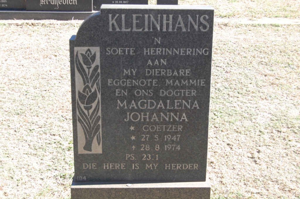 KLEINHANS Magdalena Johanna nee COETZER 1947-1974