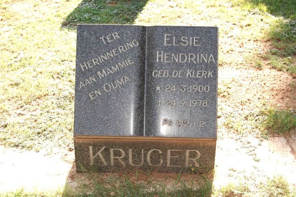 KRUGER Elsie Hendrina nee DE KLERK 1900-1978
