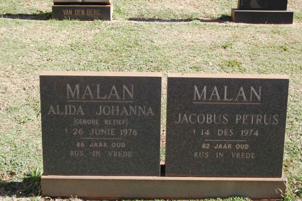 MALAN Jacobus Petrus -1974 &amp; Alida Johanna RETIEF -1978