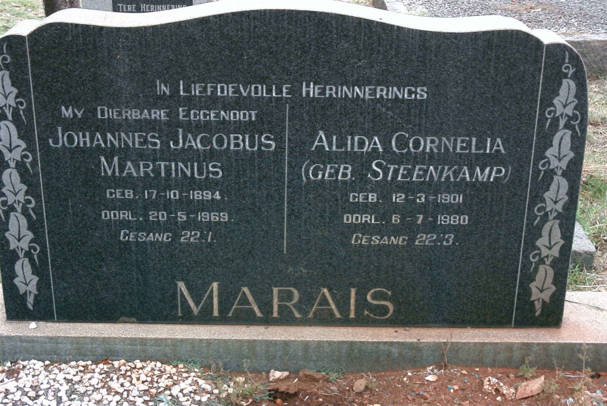 MARAIS Johannes Jacobus Martinus 1894-1969 &amp; Alida Cornelia STEENKAMP 1901-1980