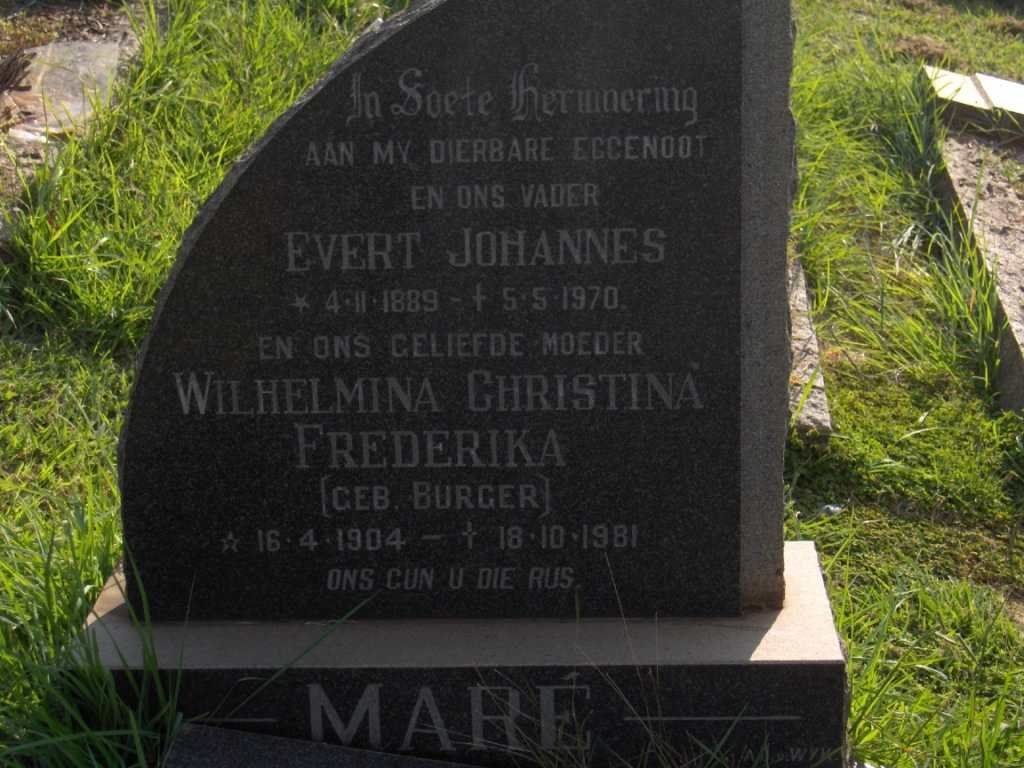 MARE Evert Johannes 1889-1970 &amp; Wilhelmina Christina Frederika BURGER 1904-1981